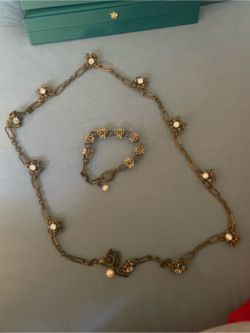 Delicate Floral Chain Necklace and Bracelet Set in Antique Gold with Pearls